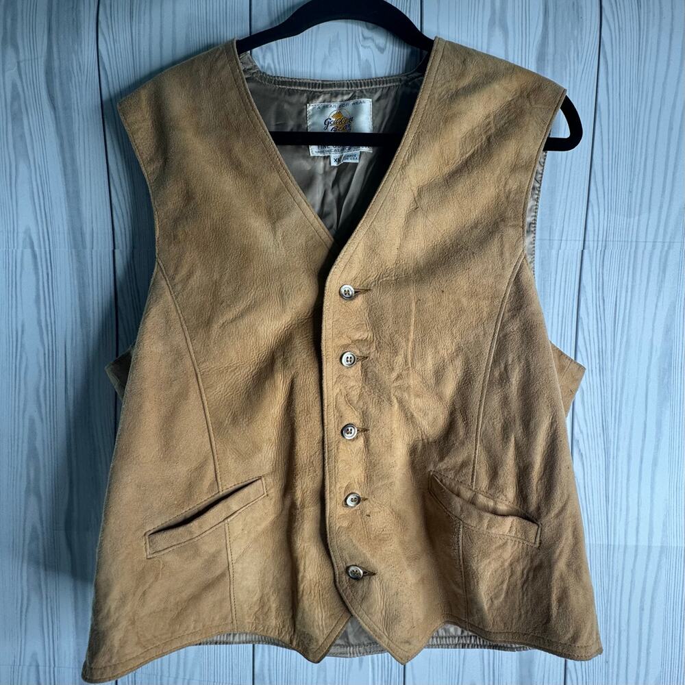 Vintage Golden Bear Vest Men XL Tan Suede Leather Western USA Cowboy